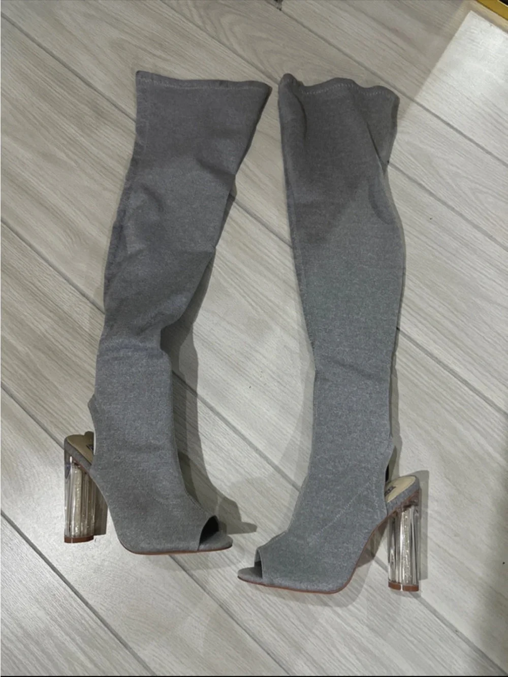 Cape Robbin Gray Over-the-Knee Peep-Toe Boots with Clear Block Heel